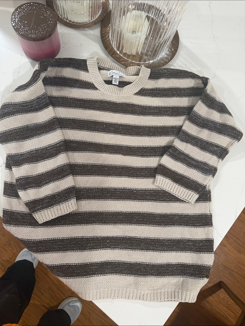 Kim Rogers Beige and Brown Striped Crewneck Sweater